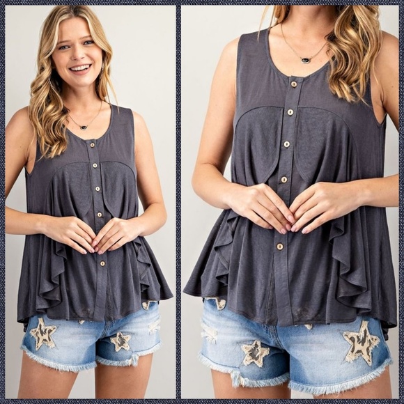 EASEL Button Down Flowy Tunic Top Ruffle Detail Front Pleated Back - Picture 8 of 14